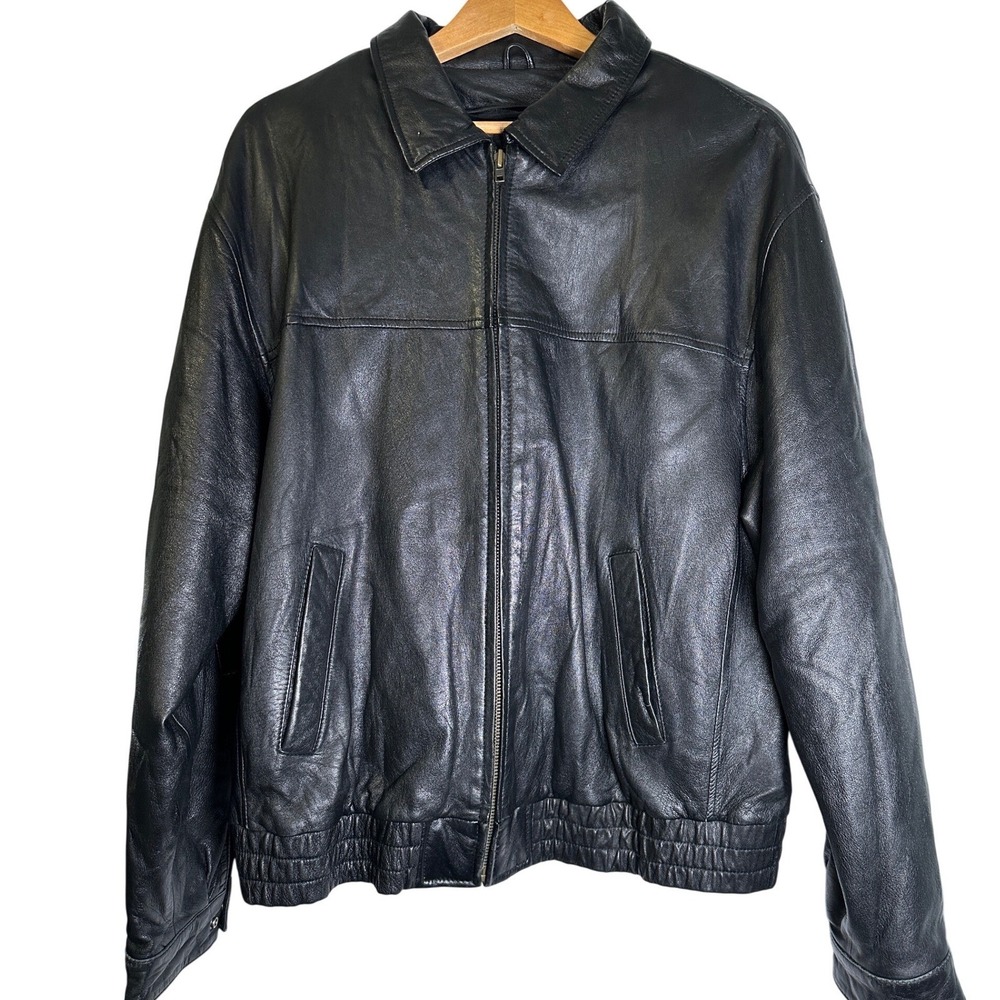 Wilson's Black Leather Bomber Jacket Quilted Lined Zip Front Moto Biker XL
